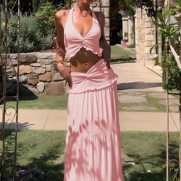 Pink Elegant Women's Ruched Ruffled Slim Halter Crop Top & Skirt Set - Picture 1 of 4